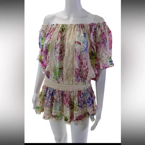 Sunday Tropez France Silk lace trim Floral Off-Shoulder Top & skirt set xs-s